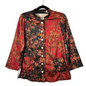 Soft Surroundings Red Japanese Cherry Blossom Pattern Blouse Womens Sz‎ PS